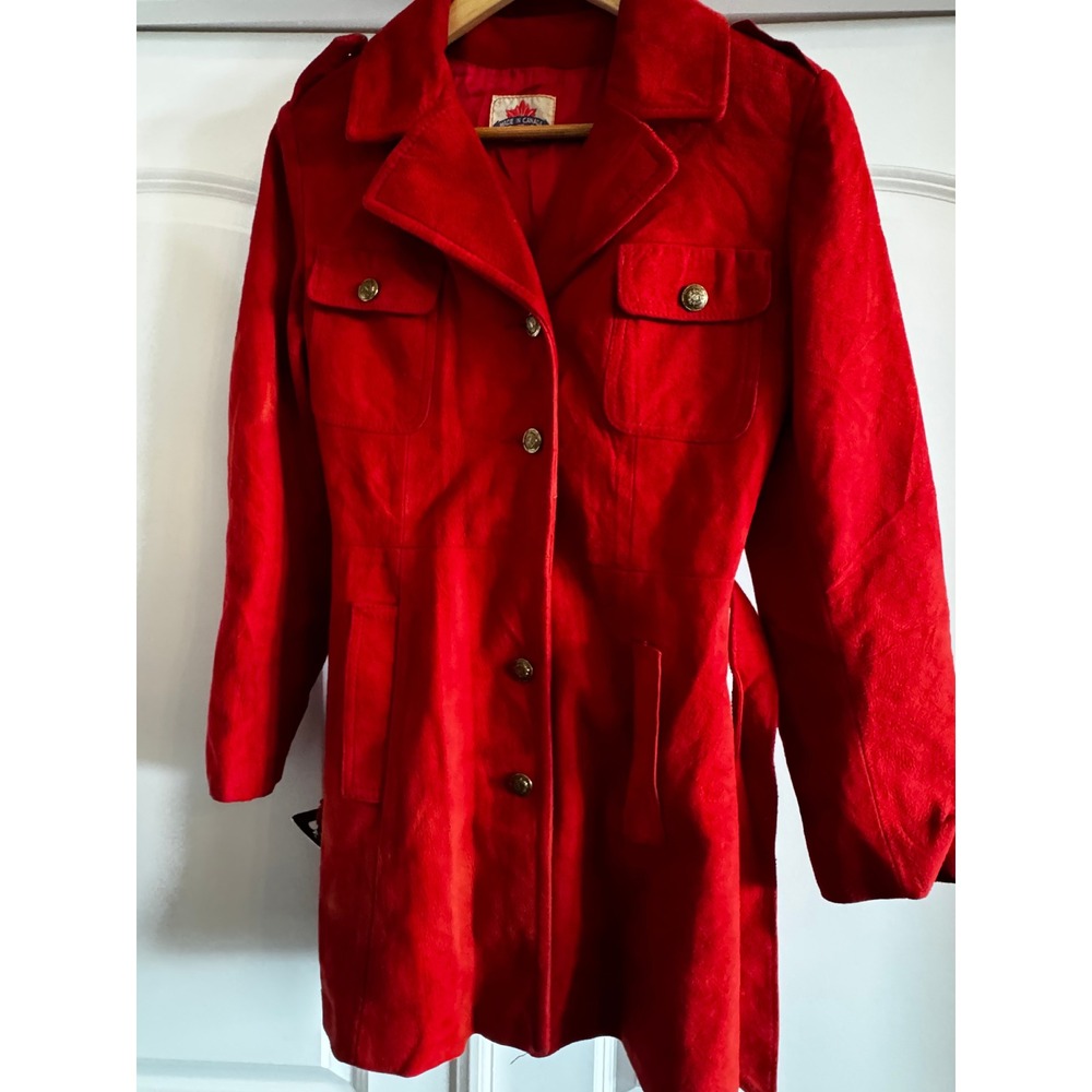 Vintage Red Suede Leather Coat Women Belted Military Safari Made in Canada